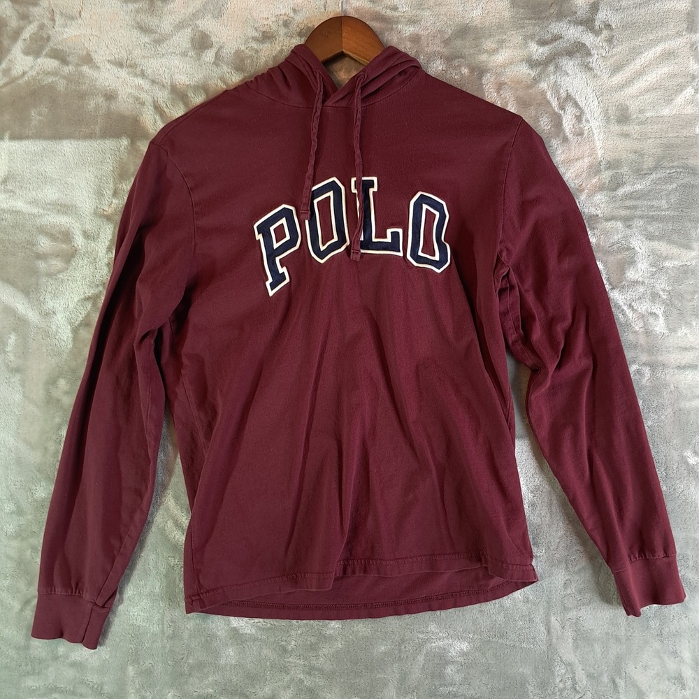 Polo Ralph Lauren Mens Small Maroon Red Long Sleeve Hooded T-Shirt Spellout Logo